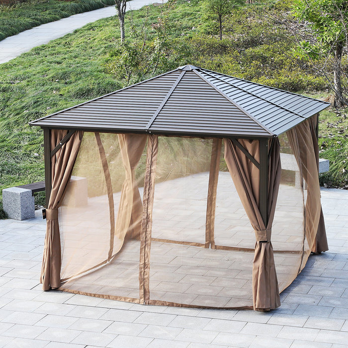 10x10 Hardtop Gazebo with Aluminum Frame, Permanent Metal Roof Gazebo Canopy with Curtains and Netting for Garden, Patio, Backyard, Brown