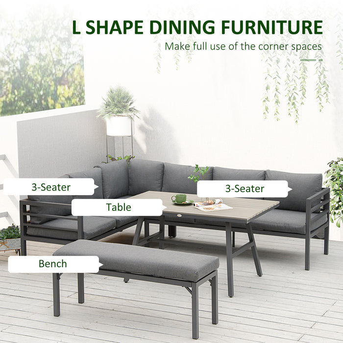 4PC Aluminium Patio Furniture Set Grey Outdoor Dining Sofa Sectional with Bench Table Cushions