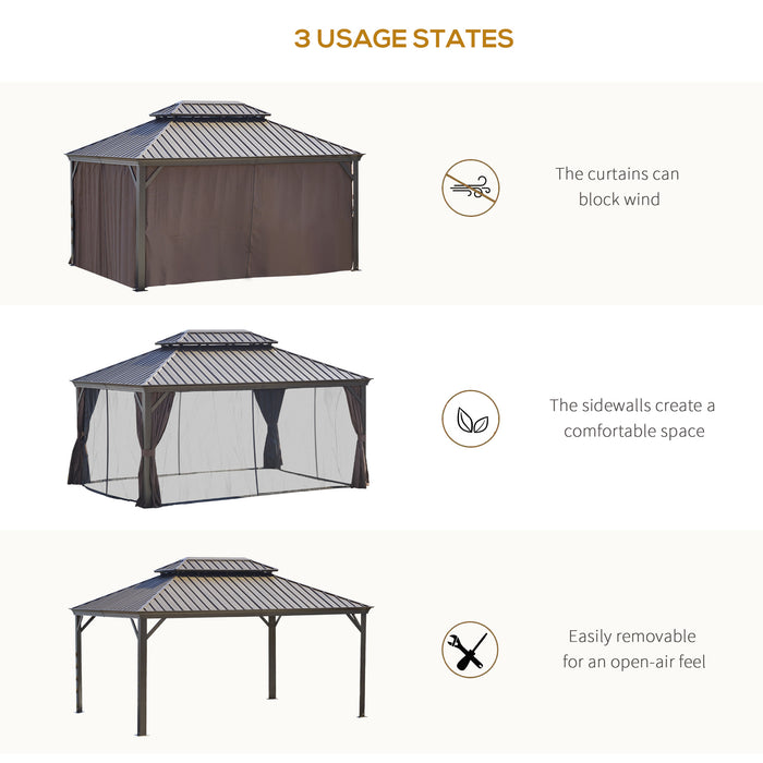 Outsunny Patio Gazebo 16' x 12' Netting & Curtains, 2 Tier Double Vented Steel Roof, Hardtop, Ceiling Hooks Aluminum Frame for Outdoor, Brown