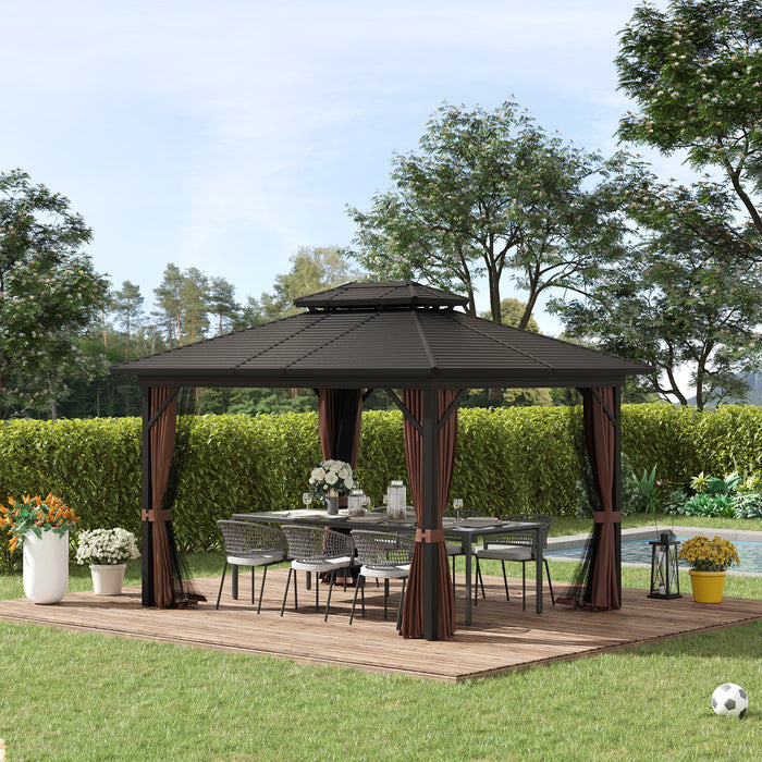 Hardtop Gazebo 10x12 with Curtains Netting Metal Roof Aluminum Brown