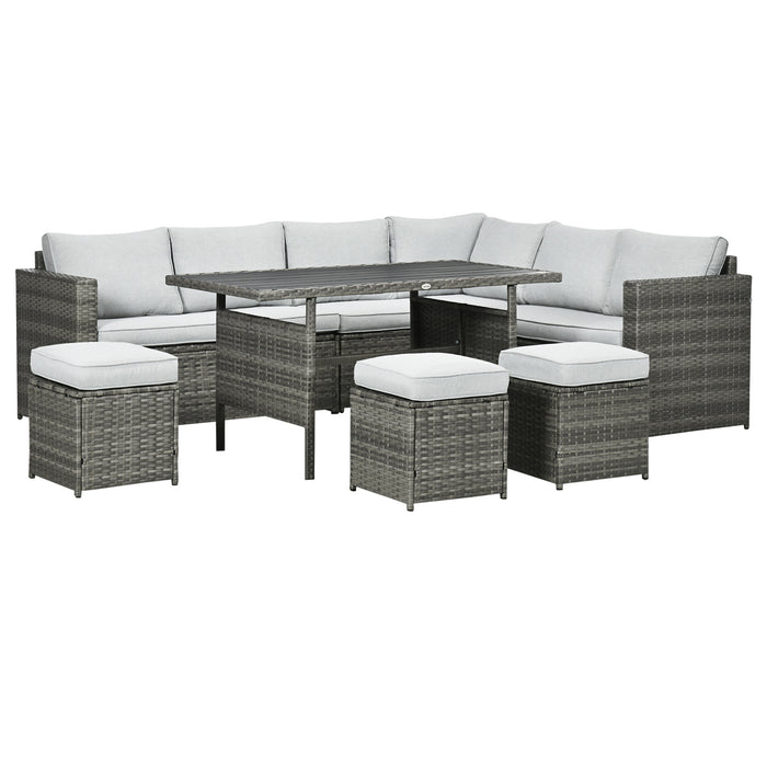 7 PCs Patio Wicker Furniture Set, Outdoor Sectional Furniture Conversation Sofa Set with Wood Grain Plastic Top Table, Mixed Gray