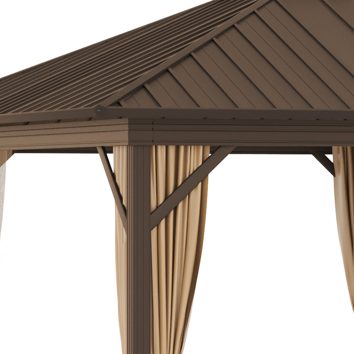 Brown Hardtop Gazebo: 10'x12' with Steel Roof, Netting Curtains & Light Hook