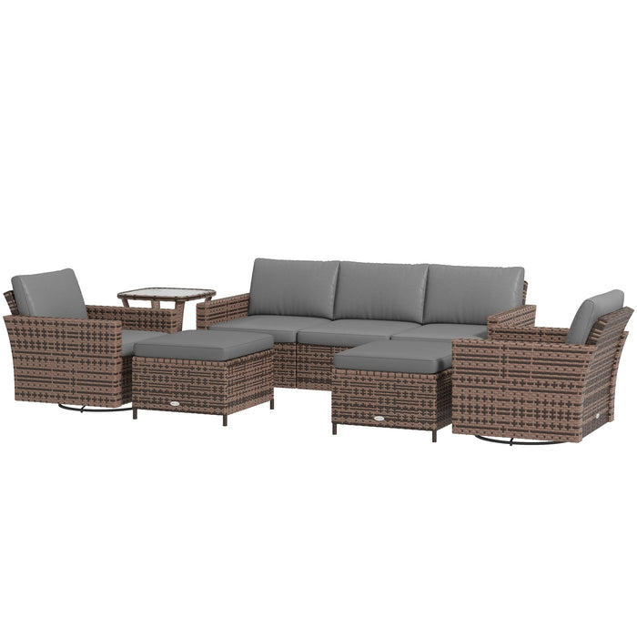 Outsunny Rattan Patio Set 6-Piece with 3-Seater Sofa Swivel Rocking Chairs Footstools 2 Tier Table Mixed Brown