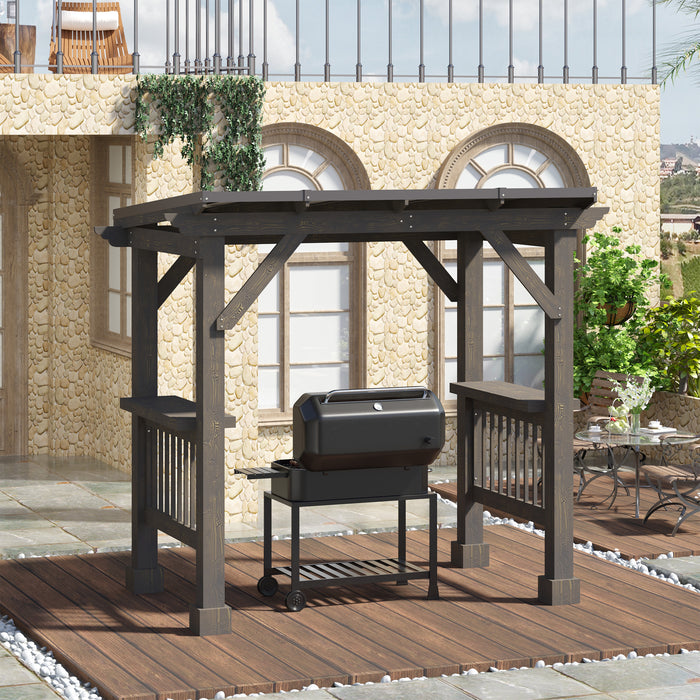 8.5 x 5.5ft Wooden Grill Gazebo Outdoor BBQ with Bar Counters, Hardtop Barbecue Pergola with Steel Pent Roof for Patio, Backyard, Poolside