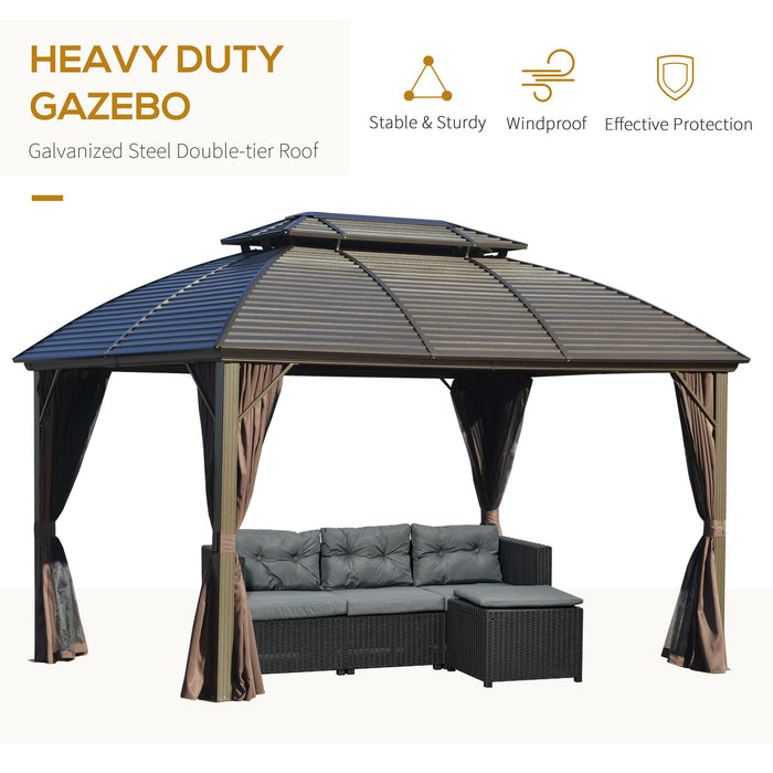 Hardtop Gazebo 10x12 Aluminum Frame Metal Roof with Curtains Netting for Garden Patio Backyard Brown