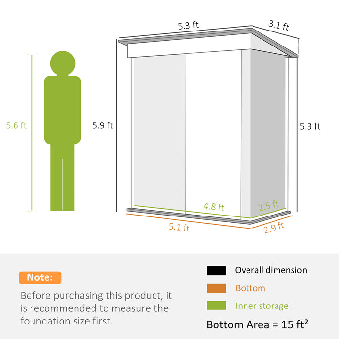 Outsunny Small Outdoor Storage Shed 5x3x6 with Floor Gray Steel Lean-to Shed with Adjustable Shelf Lock and Gloves