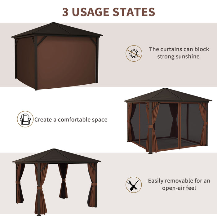 10' x 10' Hardtop Gazebo Canopy, Permanent Pavilion with Hook, Curtains, Aluminum Frame for Patio, Garden, Dark Brown