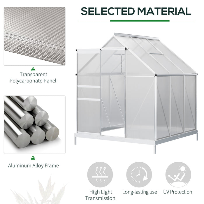 6'x6' Greenhouse with Polycarbonate, Heavy-Duty Greenhouse w/Adjustable Roof Vent, Rain Gutter and Sliding Door, Silver