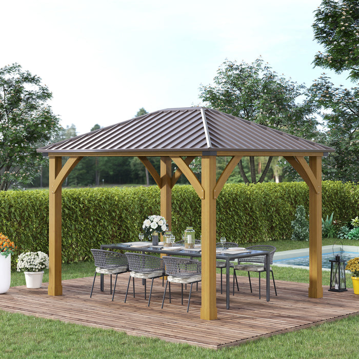 10x12 Galvanized Steel Gazebo with Wooden Frame, Permanent Metal Roof Gazebo Canopy for Garden, Patio, Backyard, Brown