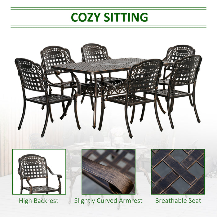 7-Piece Patio Dining Set, Cast Aluminum Outdoor Furniture Set with 6 Armchairs, 1 Table and Umbrella Hole, Bronze