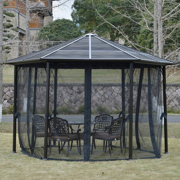 13' x 13' Steel Hexagonal Gazebo Canopy Heavy Duty Outdoor Pavilion with Aluminum Alloy Frame, Netting Sidewalls, Black