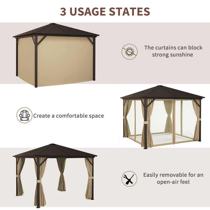 10' x 10' Hardtop Gazebo Canopy w/ Galvanized Steel Roof, Aluminum Frame, Outdoor Gazebo w/ Hook, Netting & Curtains for Patio, Garden, Brown