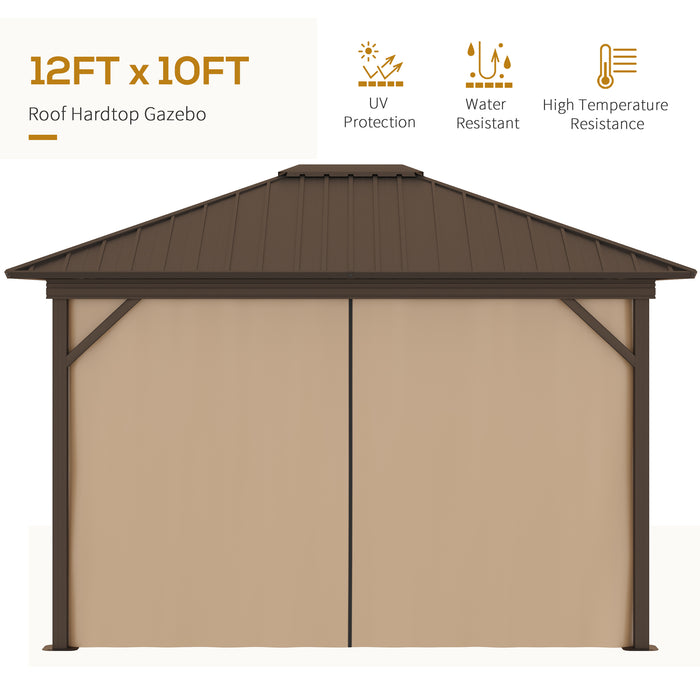 Brown Hardtop Gazebo: 10'x12' with Steel Roof, Netting Curtains & Light Hook