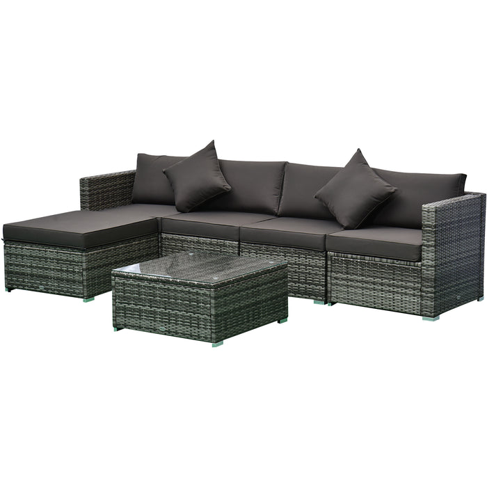 6PC Outdoor Rattan Sofa Set Charcoal Cushions Wicker Sectional Patio Furniture with Ottoman & Coffee Table