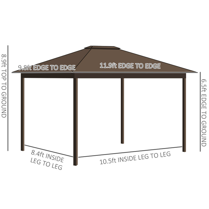 Brown Hardtop Gazebo: 10'x12' with Steel Roof, Netting Curtains & Light Hook