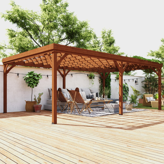 12' x 20' Outdoor Wooden Pergola, Grape Vine Gazebo with Concrete Anchors for Garden, Patio, Backyard, Deck, Brown