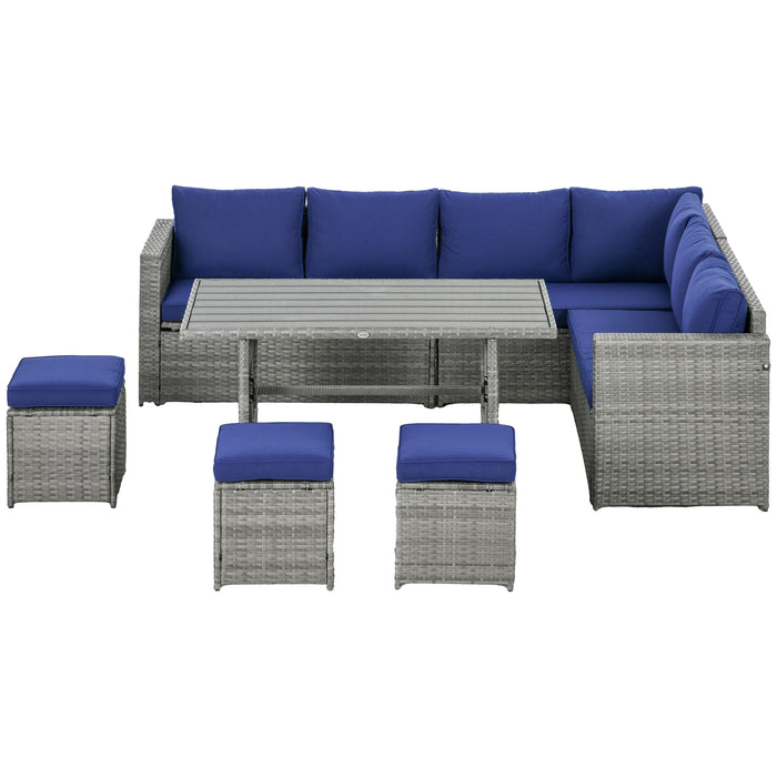 7-Piece Rattan Patio Set L-Shaped Sectional Sofa Outdoor with Cushions Storage Dark Blue