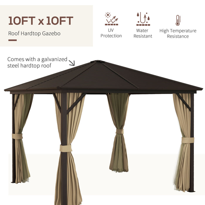 10' x 10' Hardtop Gazebo Canopy w/ Galvanized Steel Roof, Aluminum Frame, Outdoor Gazebo w/ Hook, Netting & Curtains for Patio, Garden, Brown