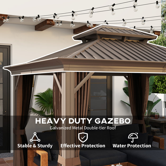 Hardtop Gazebo 10x12, Metal Roof Gazebo Canopy with Curtains and Netting, Aluminum Frame for Gardens, Patios, Backyards, Brown