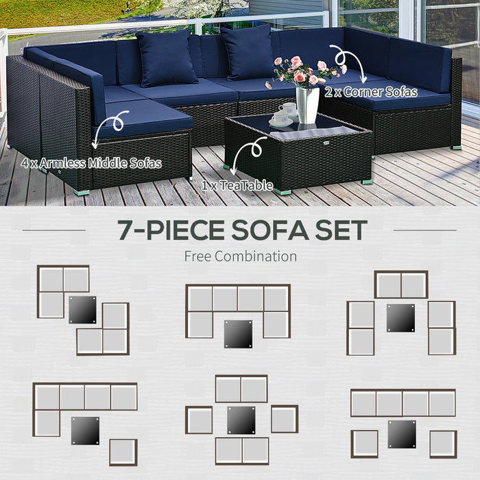 7 Piece Modern Rattan Wicker Garden Outdoor Furniture Modular Sectional Patio Set - Dark Coffee/Blue