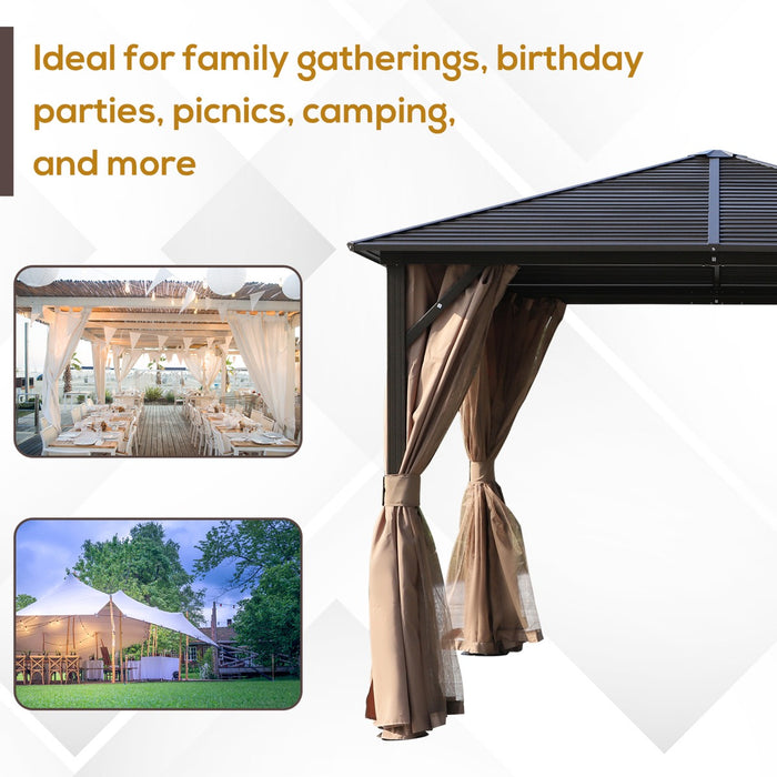 10x10 Hardtop Gazebo with Aluminum Frame, Permanent Metal Roof Gazebo Canopy with Curtains and Netting for Garden, Patio, Backyard, Brown