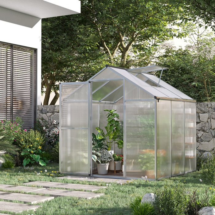 6' L x 6' W Walk-In Polycarbonate Greenhouse with Roof Vent for Ventilation & Rain Gutter, Hobby Greenhouse for Winter, Clear