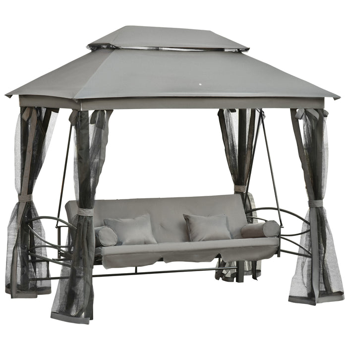 Outsunny Patio Swing Chair 3 Person Gazebo Design with Double Tier Canopy Cushioned Seat Mesh Sidewalls in Gray