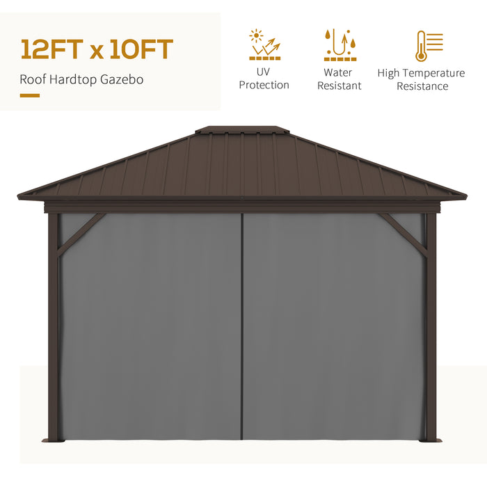 10x12 Aluminum Hardtop Gazebo Grey Permanent Metal Roof Canopy with Curtains Netting for Garden Patio Backyard