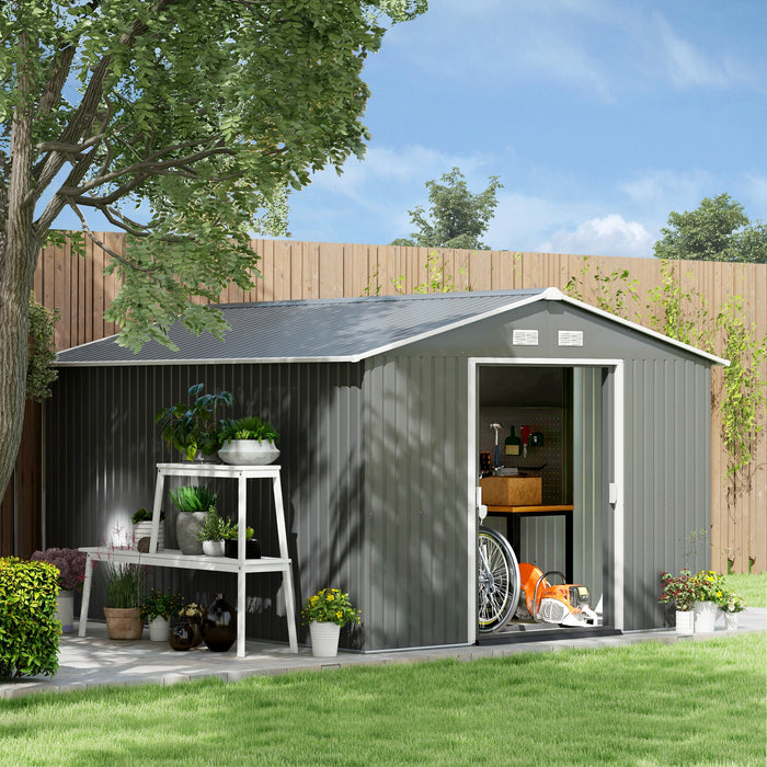 11' x 9' Metal Storage Shed Garden Tool House with Double Sliding Doors, 4 Air Vents for Backyard, Patio, Gray