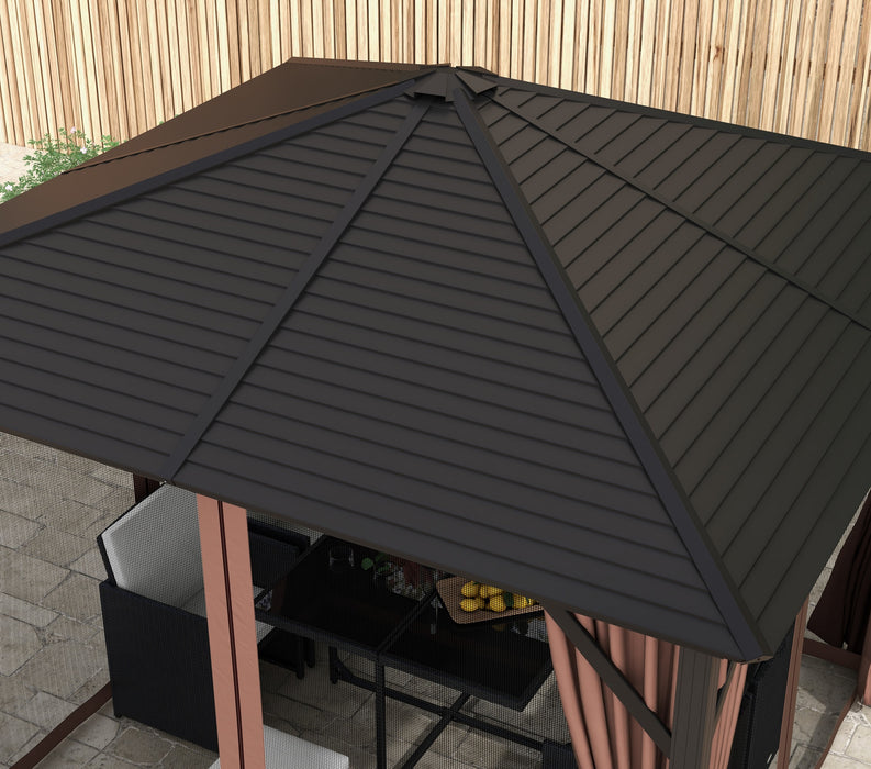 10' x 10' Hardtop Gazebo Canopy, Permanent Pavilion with Hook, Curtains, Aluminum Frame for Patio, Garden, Dark Brown