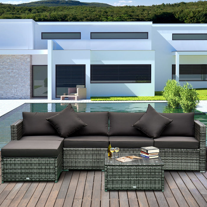 6PC Outdoor Rattan Sofa Set Charcoal Cushions Wicker Sectional Patio Furniture with Ottoman & Coffee Table