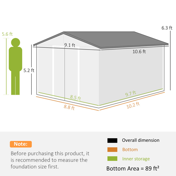 11' x 9' Metal Storage Shed Garden Tool House with Double Sliding Doors, 4 Air Vents for Backyard, Patio, Gray