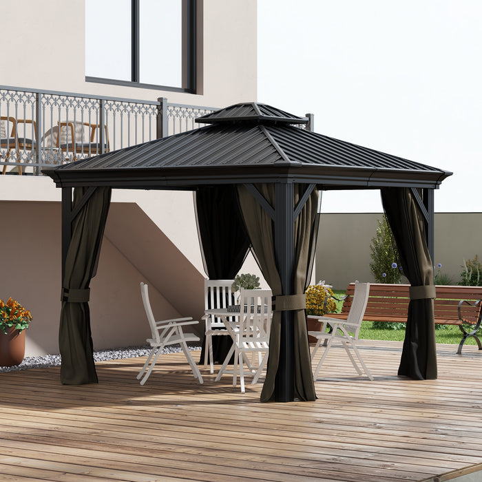 10x10 Gazebo Hardtop, with Curtains, Nettings, Metal Double Roof, Aluminum Frame and Hooks, for Garden, Patio, Dark Brown