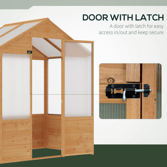 6' x 4' x 7' Polycarbonate Greenhouse, Walk-in Green House, Wooden Hot House with Door, Natural