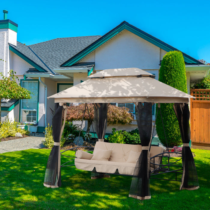 3 Person Patio Swing Chair, Gazebo Swing with Double Tier Canopy, Cushioned Seat, Mesh Sidewalls, Beige