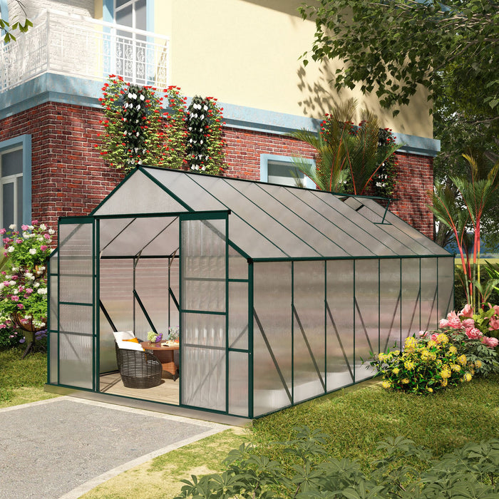 16' x 8' Aluminum Greenhouse, Walk-in Garden Greenhouse Kit with Adjustable Roof Vent, Rain Gutter and Sliding Door for Winter, Clear