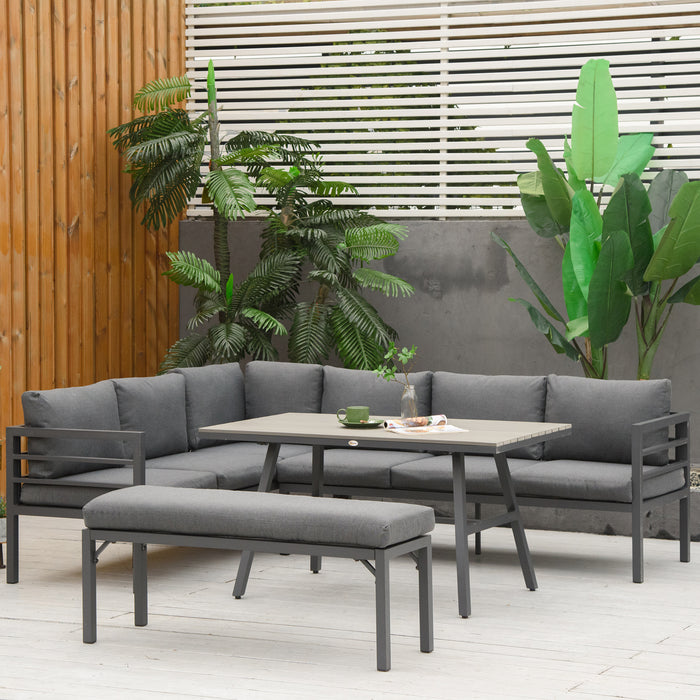 4PC Aluminium Patio Furniture Set Grey Outdoor Dining Sofa Sectional with Bench Table Cushions