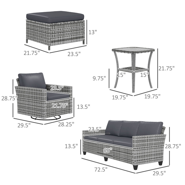 Outsunny Wicker Wonder - 6PC Outdoor Ensemble with Cozy Sofa, Swivel Rockers & Ottomans in Mixed Gray