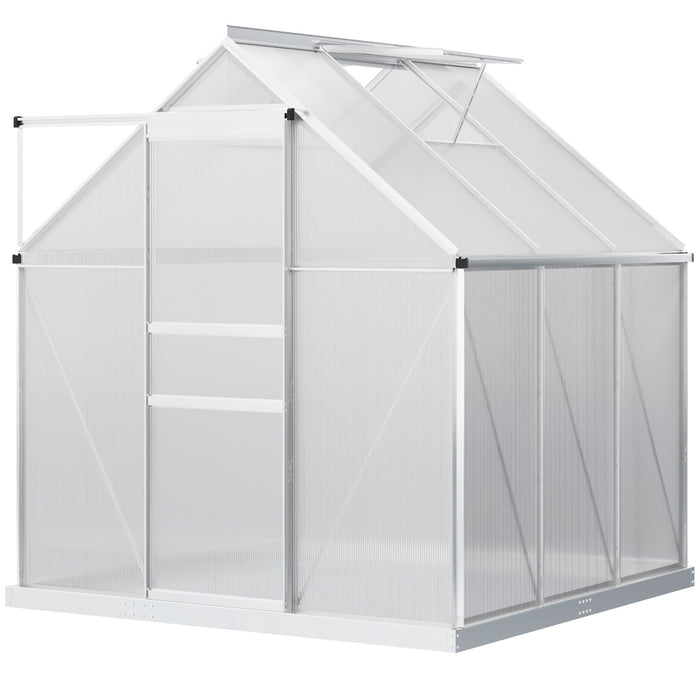 6'x6' Greenhouse with Polycarbonate, Heavy-Duty Greenhouse w/Adjustable Roof Vent, Rain Gutter and Sliding Door, Silver