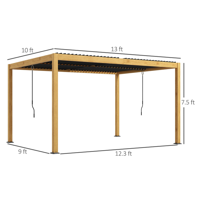 10x13ft Black and Natural Aluminum Pergola with Adjustable Louvred Roof UV and Waterproof Hardtop Gazebo for Patio Yard