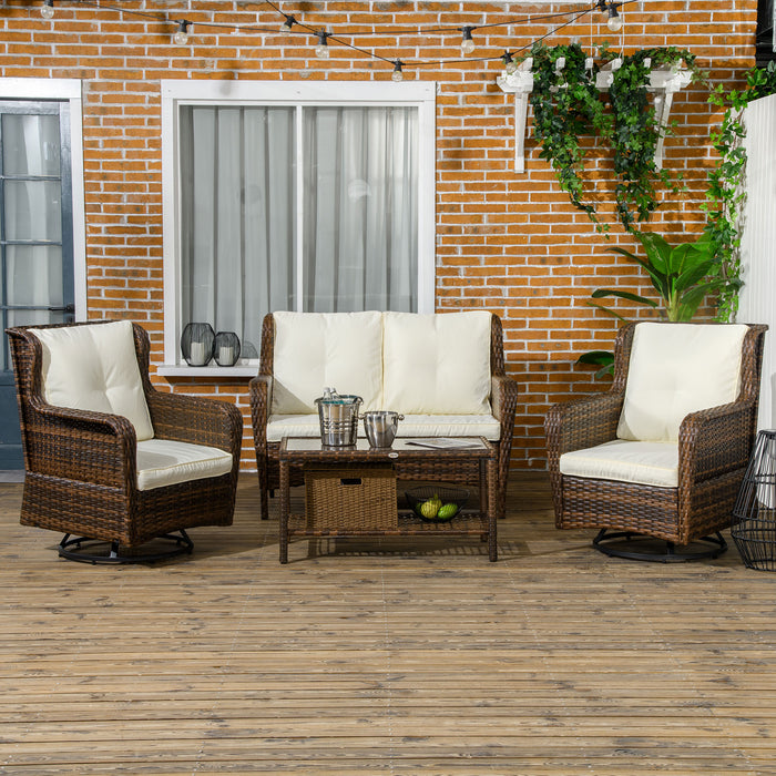 4pc Rattan Patio Set Outdoor Conversation with Swivel Rocking Chairs Cream