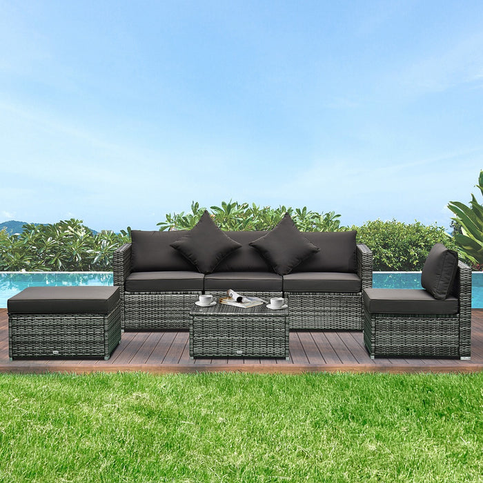 6PC Outdoor Rattan Sofa Set Charcoal Cushions Wicker Sectional Patio Furniture with Ottoman & Coffee Table