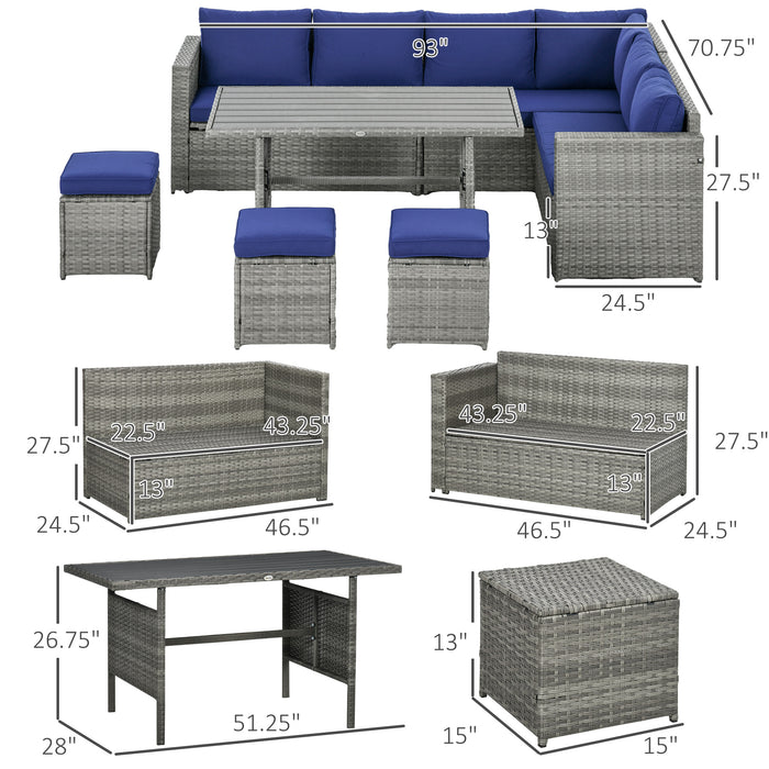 7-Piece Rattan Patio Set L-Shaped Sectional Sofa Outdoor with Cushions Storage Dark Blue