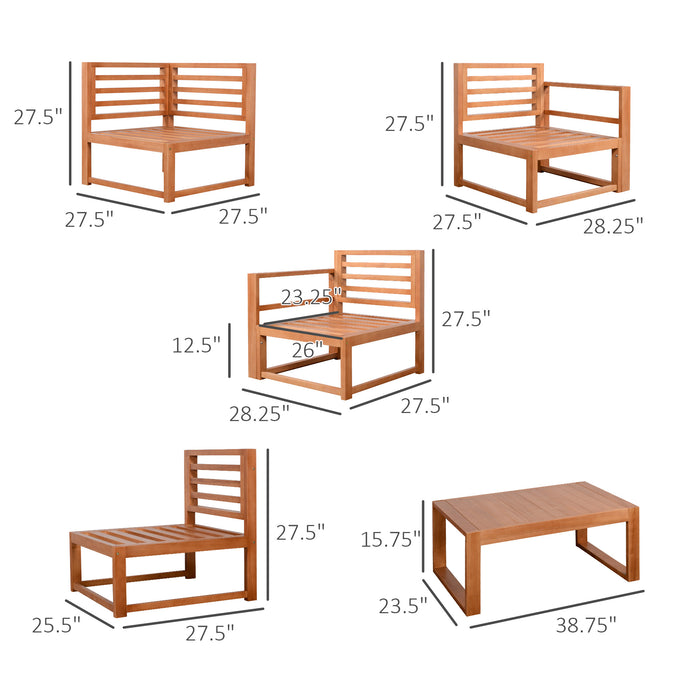 5 Seater L Shaped Patio Furniture Set, Wood Outdoor Sectional Sofa Conversation Set with Coffee Table and Cushions for Garden, Grey