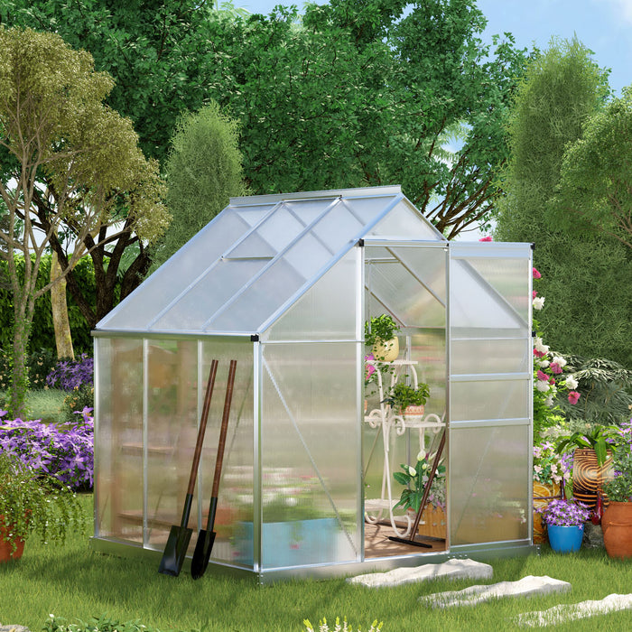 6'x6' Greenhouse with Polycarbonate, Heavy-Duty Greenhouse w/Adjustable Roof Vent, Rain Gutter and Sliding Door, Silver