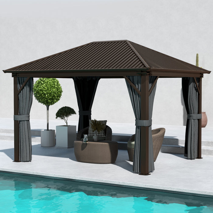 10' x 12' Hardtop Gazebo with Galvanized Steel Roof, Metal Canopy with Top Hook, Netting and Curtains, Dark Gray