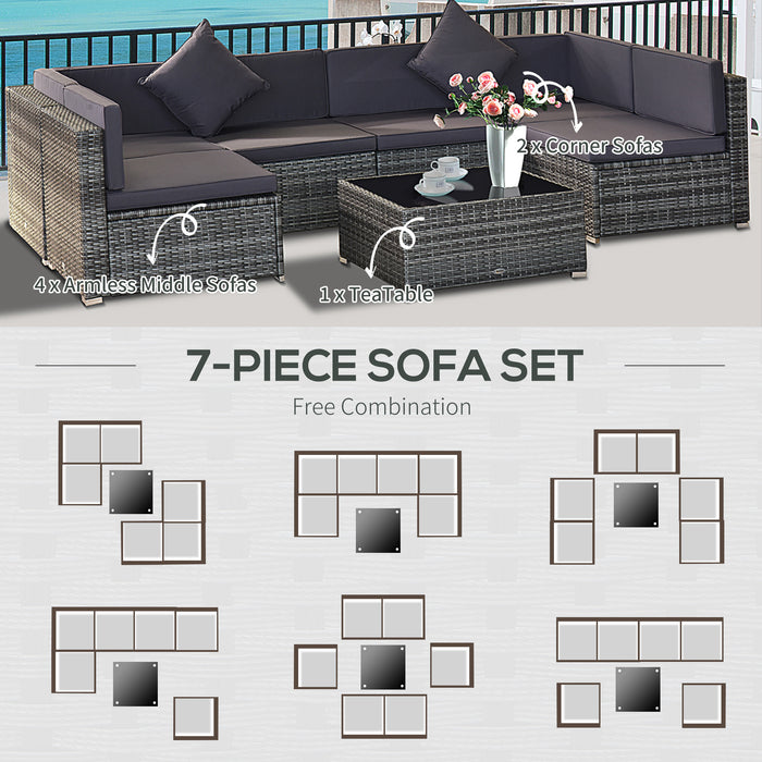 7-Piece Outdoor Wicker Patio Furniture Set with Gray Cushions