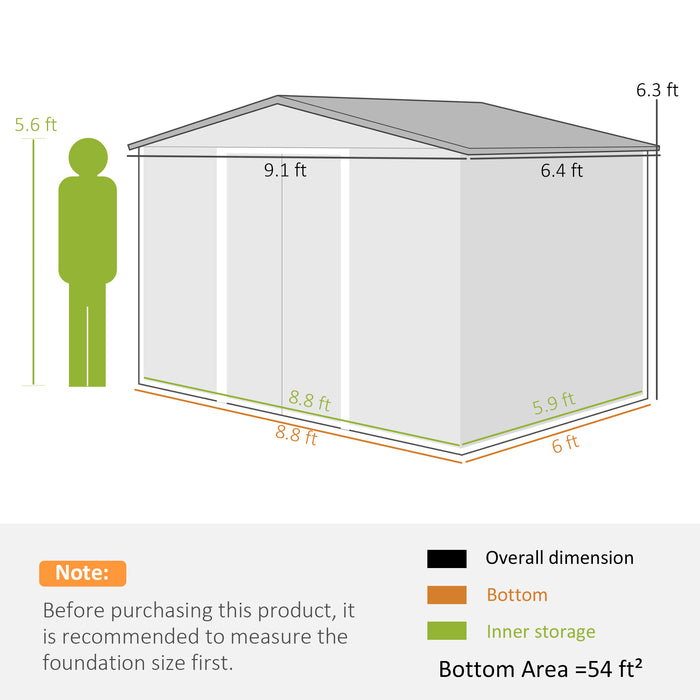 Outsunny Outdoor Shed Garden Storage Shed, Tool Storage Building with 4 Vents and 2 Sliding Doors for Garden Patio Lawn, 9' x 6', Brown