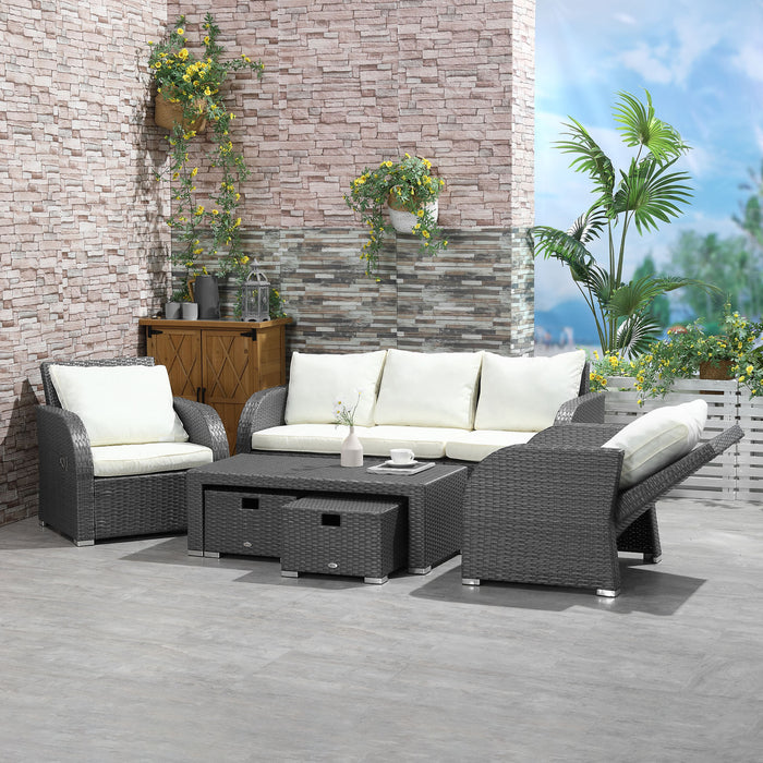 6-Piece Outdoor Rattan Sectional Sofa Set 3-Seat Couch 2 Recliners Ottoman Coffee Table Off-white