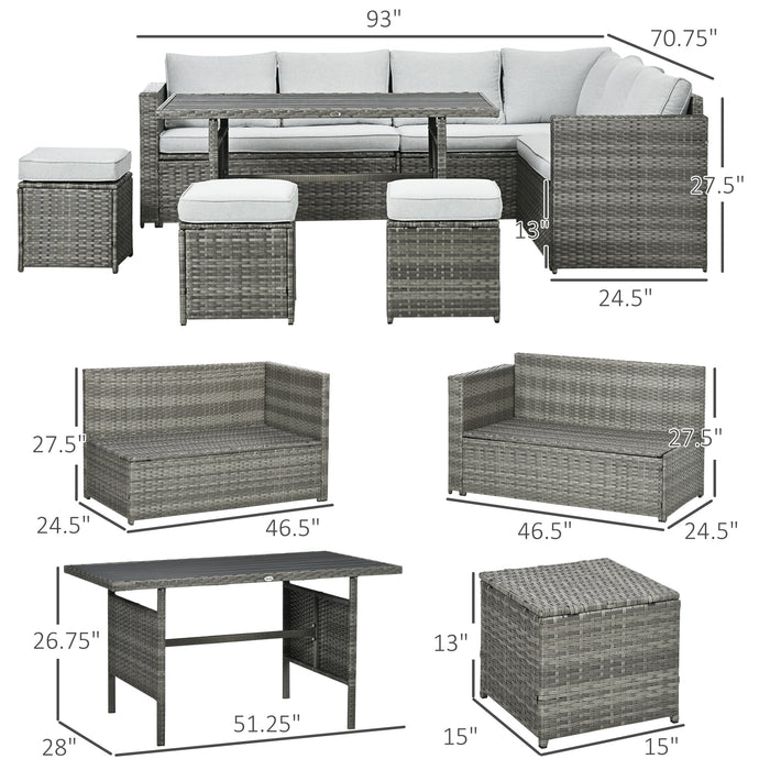 7 PCs Patio Wicker Furniture Set, Outdoor Sectional Furniture Conversation Sofa Set with Wood Grain Plastic Top Table, Mixed Gray